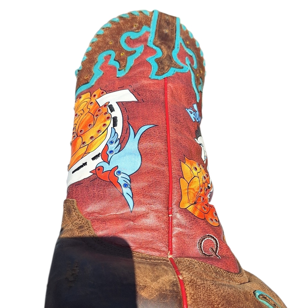 Rare" Ariat Quincy Bronco Billie Red 7.5 Painted Cowgirl Western Cowboy Boots - Picture 6 of 15